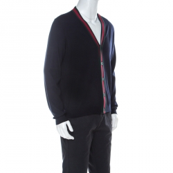 Gucci Ink Blue Wool Web Stripe Detail Open Front Cardigan XL