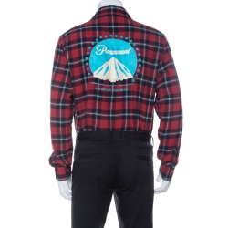 Gucci Red and Navy Blue Plaid Flannel Embroidered Oversized Shirt M 