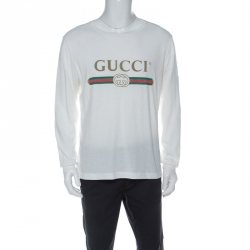 Gucci White Logo Print Cotton Dragon Embroidered Long Sleeve T-Shirt M