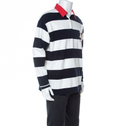 Gucci Navy Blue and White Striped Cotton Appliqued Long Sleeve Polo T-Shirt M