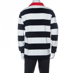 Gucci Navy Blue and White Striped Cotton Appliqued Long Sleeve Polo T-Shirt M