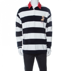 Gucci Navy Blue and White Striped Cotton Appliqued Long Sleeve Polo T-Shirt M
