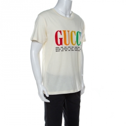 Pre Owned تي شيرت غوتشي مطبوع شعار الماركة سيتيز قطن كريمي M