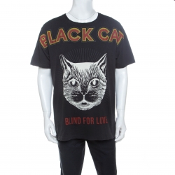 Gucci Charcoal Grey Cotton Worn In Effect Black Cat T-shirt L