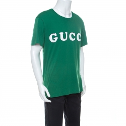 Gucci Green Baby Logo Print Cotton Distressed Detail T-Shirt M