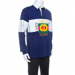 Gucci Navy Blue and White Striped Cotton Long Sleeve Polo T Shirt M