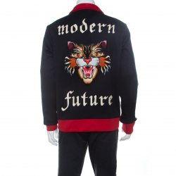 Gucci Navy Blue Cotton Blend Embroidery Detail Front Zip Track Jacket L