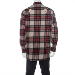 Gucci Red and Beige Dragon Embroidered Check Wool Shirt M