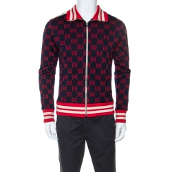 Gucci Navy Blue Monogram Pattern Cotton Contrast Trim Track Jacket M