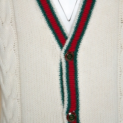 Gucci Off White Wool Web Striped Cable Knit Cardigan L