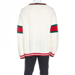 Gucci Off White Wool Web Striped Cable Knit Cardigan L