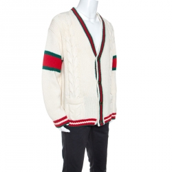 Gucci Off White Wool Web Striped Cable Knit Cardigan L