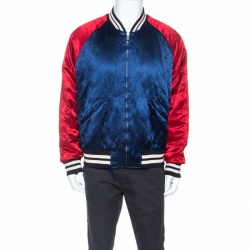 Gucci Blue and Red Satin Striped Trim Reversible Bomber Jacket XXL