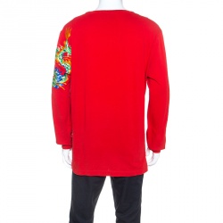 Pre Owned Gucci Red Logo Printed Cotton Dragon Embroidered T-Shirt XL
