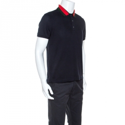 Gucci Navy Blue Stretch Cotton Embroidered Patch Detail Polo T-Shirt L