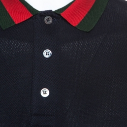 Gucci Navy Blue Stretch Cotton Embroidered Patch Detail Polo T-Shirt L