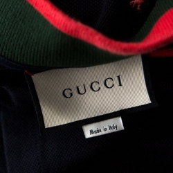 Gucci Navy Blue Cotton Cat Embroidery Detail Polo T-Shirt M