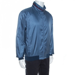Gucci Blue Logo Patterned Jacquard Bomber Jacket XXL