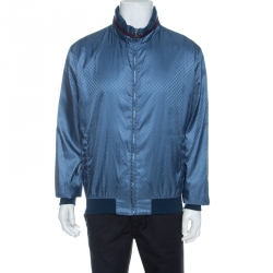 Gucci Blue Logo Patterned Jacquard Bomber Jacket XXL