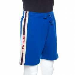 Pre Owned Gucci Blue Knit Logo Web Trimmed Shorts S