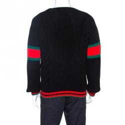 Gucci Black Web Striped Wool Cable Knit Sweater M