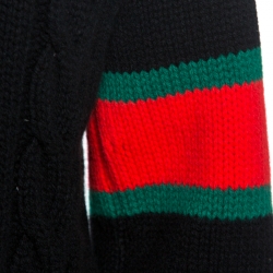 Gucci Black Web Striped Wool Cable Knit Sweater M