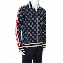 Pre Owned Gucci Navy Blue GG Jacquard Jersey Web Detail Track Jacket L