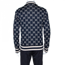 Pre Owned Gucci Navy Blue GG Jacquard Jersey Web Detail Track Jacket L