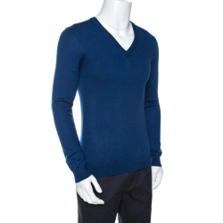 Pre Owned Gucci Navy Blue Wool Long Sleeve V Neck Sweater M