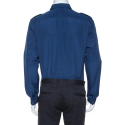 Pre Owned قميص غوتشي أكمام طويلة تفاصيل أبليك نحلة قطن أزرق ميدنايت XL