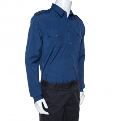 Pre Owned قميص غوتشي أكمام طويلة تفاصيل أبليك نحلة قطن أزرق ميدنايت XL