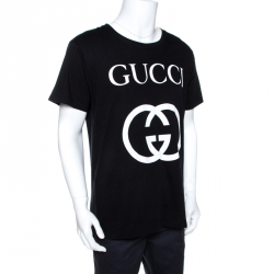 Gucci Black Logo Print Cotton Oversized Crew Neck T-Shirt M