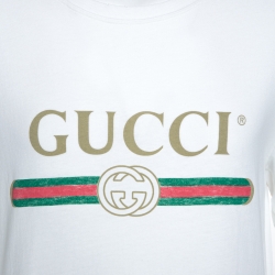 Gucci White Logo Print Cotton Dragon Embroidered T-Shirt M 