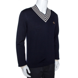 Gucci Navy Blue Wool Knit Bee Appliqued V Neck Sweater L