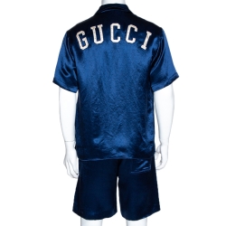 Pre Owned Gucci Blue Satin NY Yankees Bowling Shirt and Shorts Set M