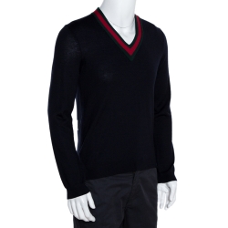 مملوكة مسبقًا Gucci Ink Blue Wool Web Stripe Detail V Neck Sweater S