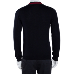 مملوكة مسبقًا Gucci Ink Blue Wool Web Stripe Detail V Neck Sweater S