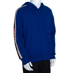 Pre Owned Gucci Royal Blue Cotton Logo Tape Detail Hooded Sweatshirt S