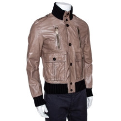 Gucci Brown Leather Rib Knit Trim Madonna Bomber Jacket M