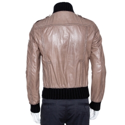 Gucci Brown Leather Rib Knit Trim Madonna Bomber Jacket M