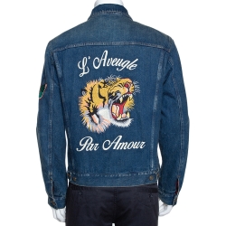 Pre Owned Gucci Blue Denim & Plaid Lined Embroidered Detail Jacket XL