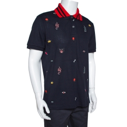 Gucci Navy Blue Multi Symbol Embroidered Cotton Polo T-Shirt XXL
