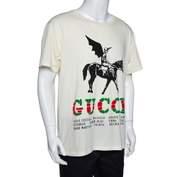 Gucci Pale Yellow Cotton Winged Jockey Guccy Logo Print T Shirt L