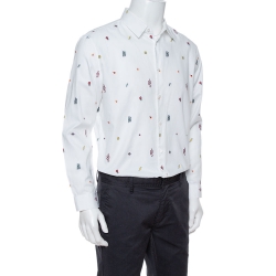 Gucci White Cotton Oxford Symbols Fil Coupé Slim Fit Shirt XL