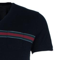 Pre Owned تي شيرت رجالي غوتشي رقبة V مزين بخطوط أسود XL