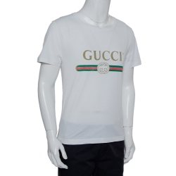 Gucci White Washed Cotton Logo Printed Oversized Crewneck T-Shirt XS