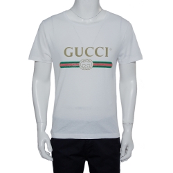 Gucci White Washed Cotton Logo Printed Oversized Crewneck T-Shirt XS