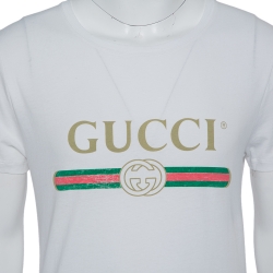 Gucci White Washed Cotton Logo Printed Oversized Crewneck T-Shirt XS