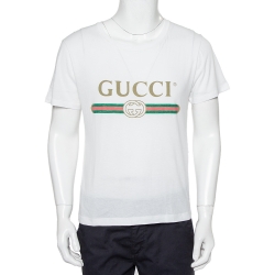 Gucci White Logo Printed Cotton Oversized Washed Crewneck T-Shirt XS