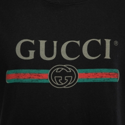 Pre Owned Gucci Black Logo Printed Washed Cotton Distressed T Shirt XL